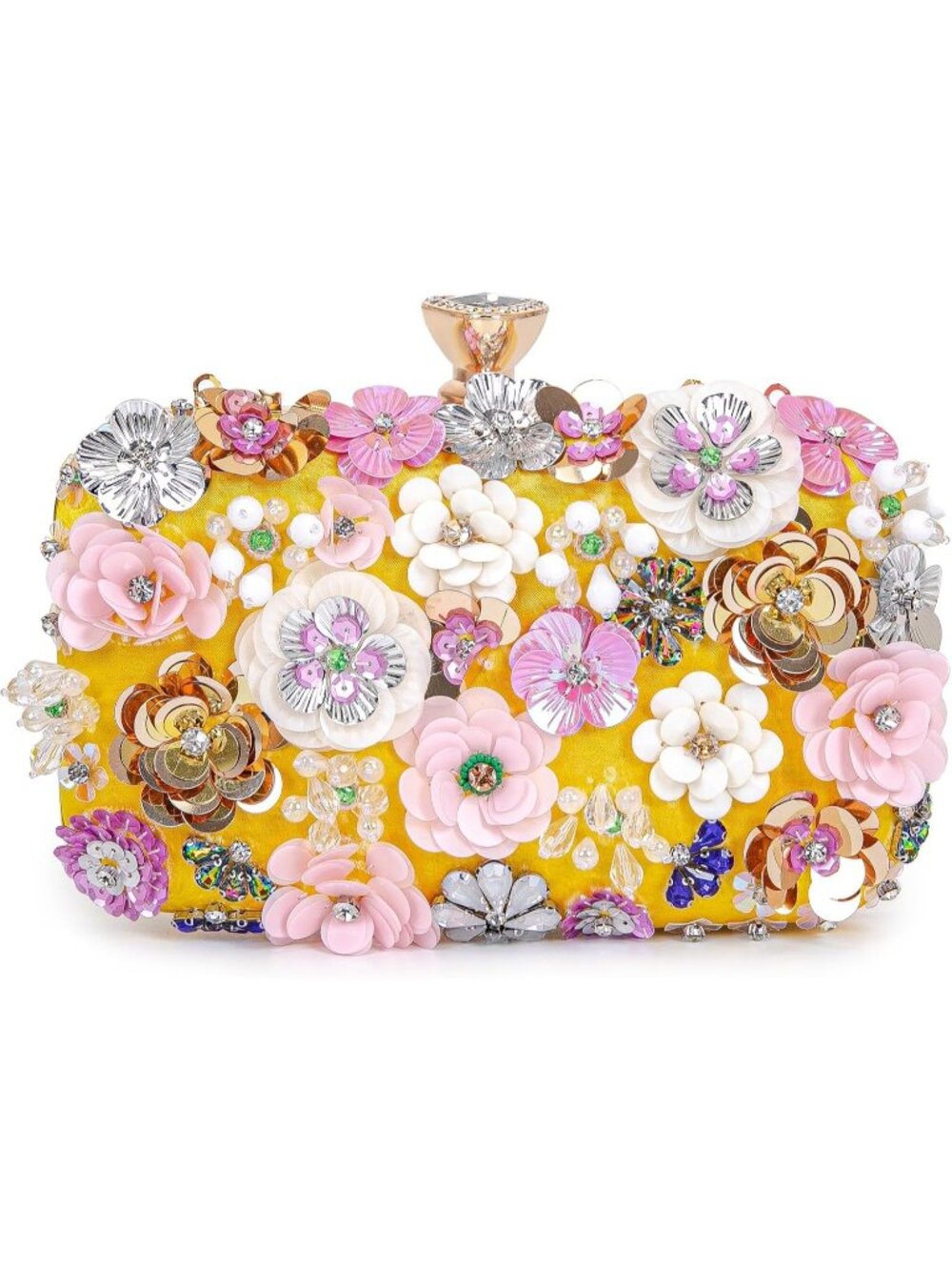 Women's Yellow Floral Beaded Chain Strap Party Prom Clutch Purse Evening Bag